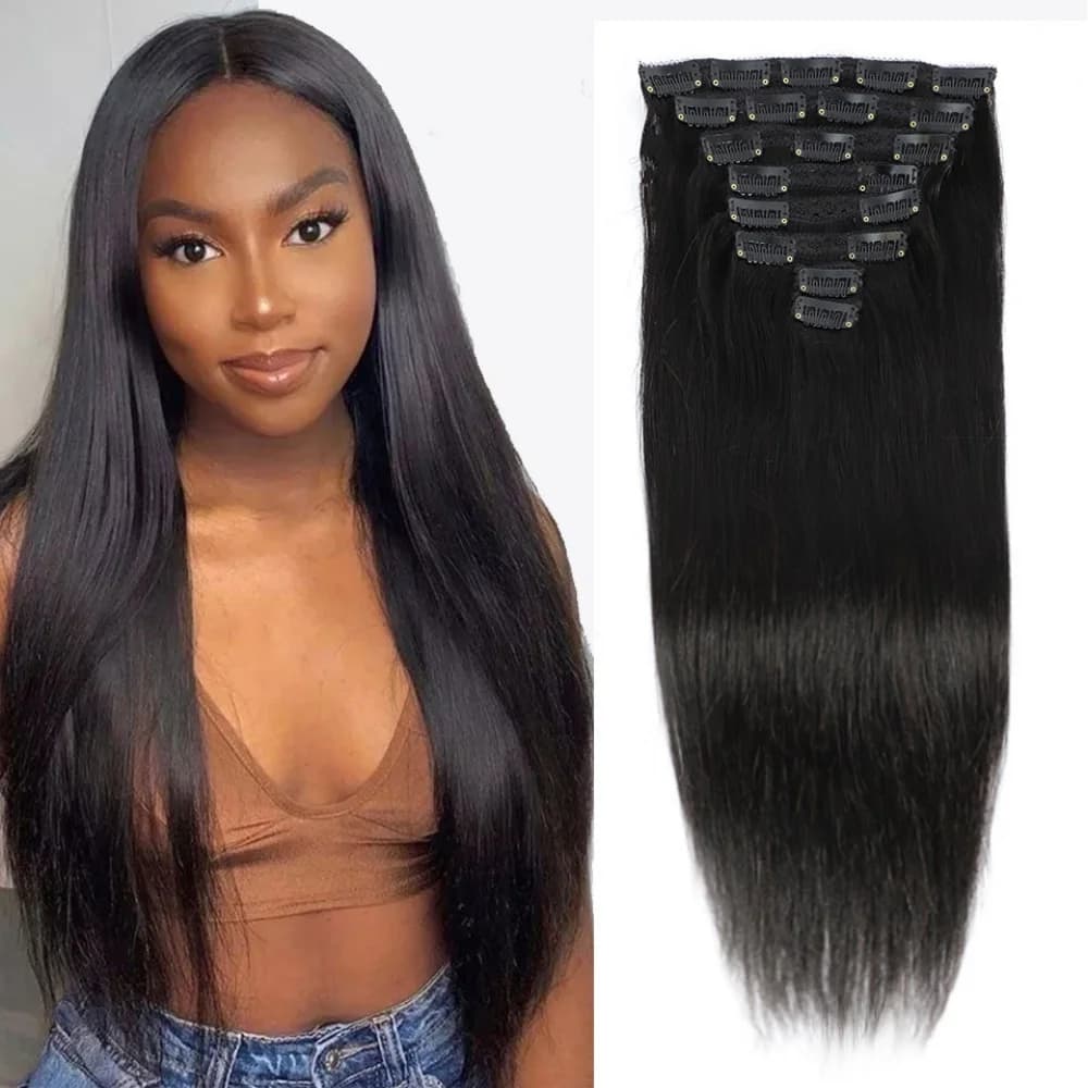 Natural Straight Clip in Human Hair Extensions Wiper with Brazilian Virgin Full Head Clip for Women