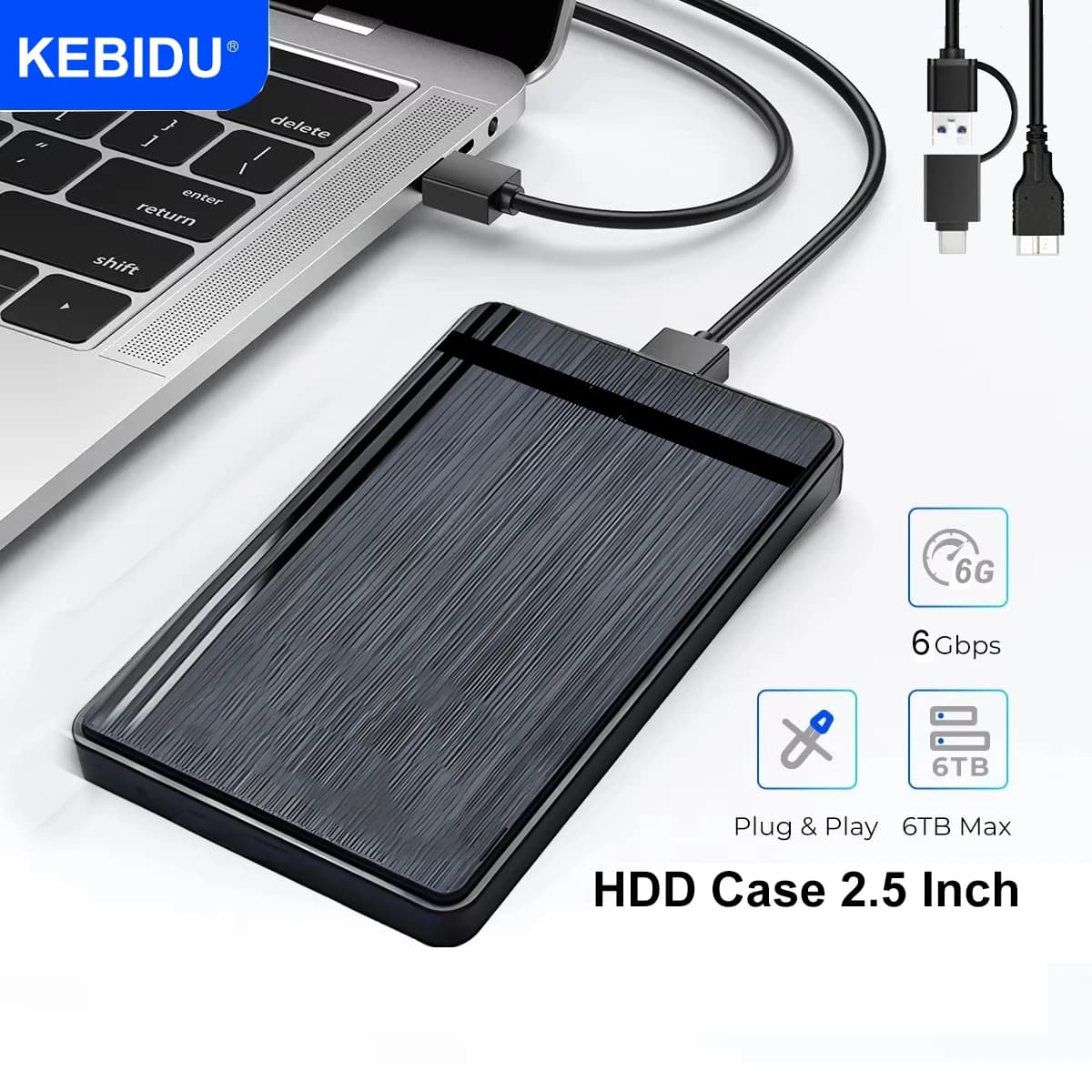 Custodia per HDD Kebidu Custodia per HDD SATA da 2,5 pollici a USB 3.0/Tipo C Custodia per HDD SATA esterna da 6 Gbps Max USB-C Supporto per veille automatica