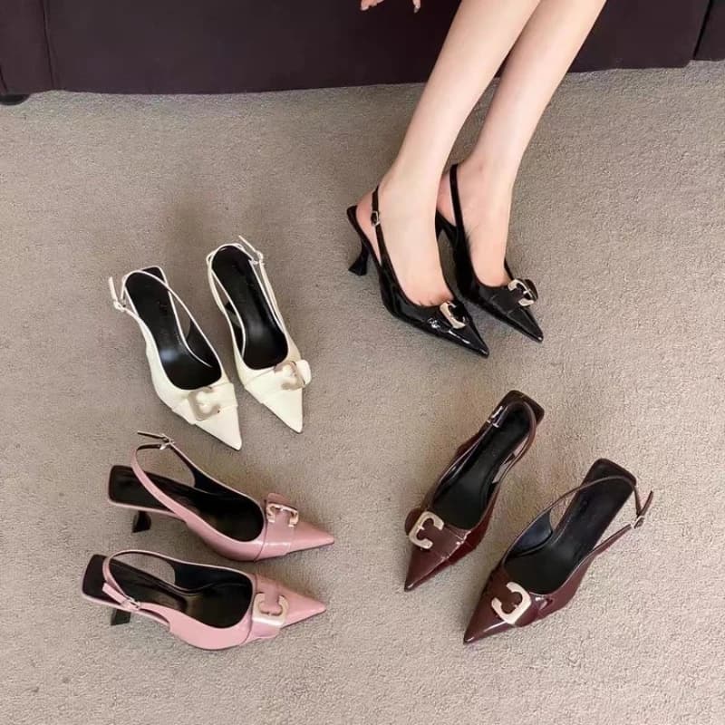 Luxury Brand Designer Women Sandals Fashion Pointed Toe Buckle Strap Metal High Heeled Kitten Heel Elegant Single Shoes Female
