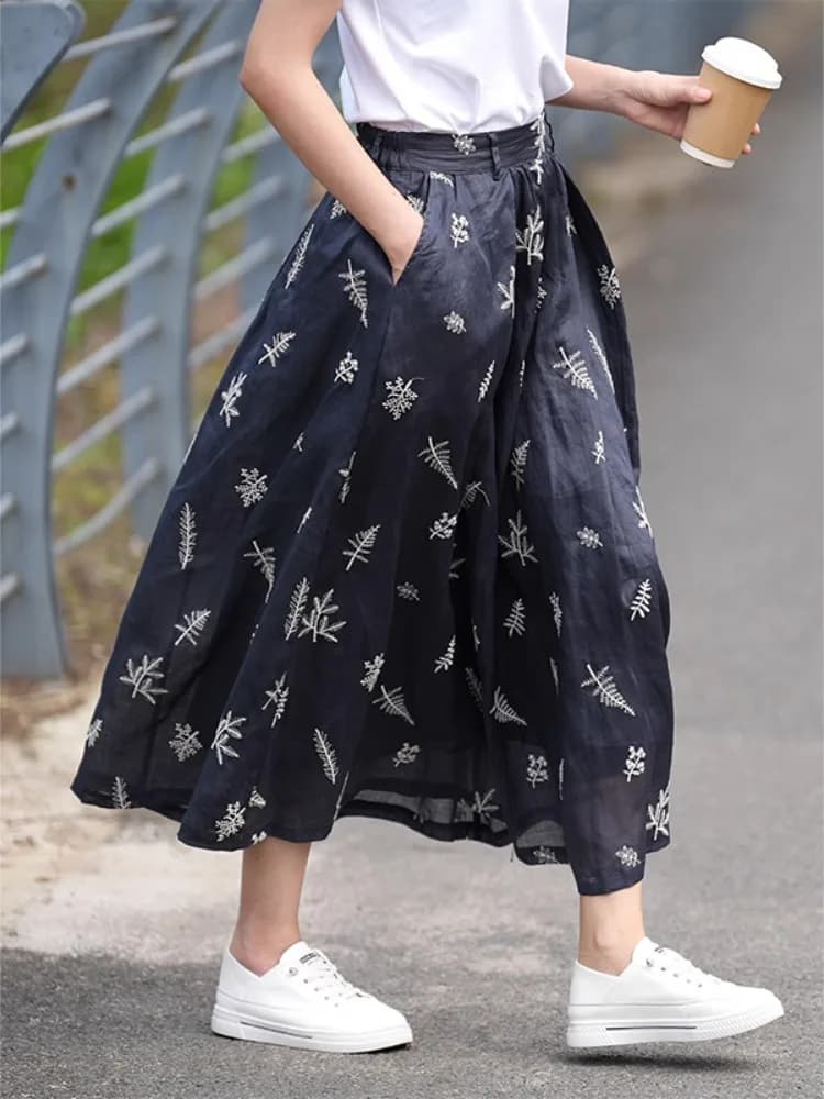Retro Embroidered Double Layered Linen Midi Skirt Women Summer Lightweight Drifting High Waist Cotton Linen A-Line Skirt