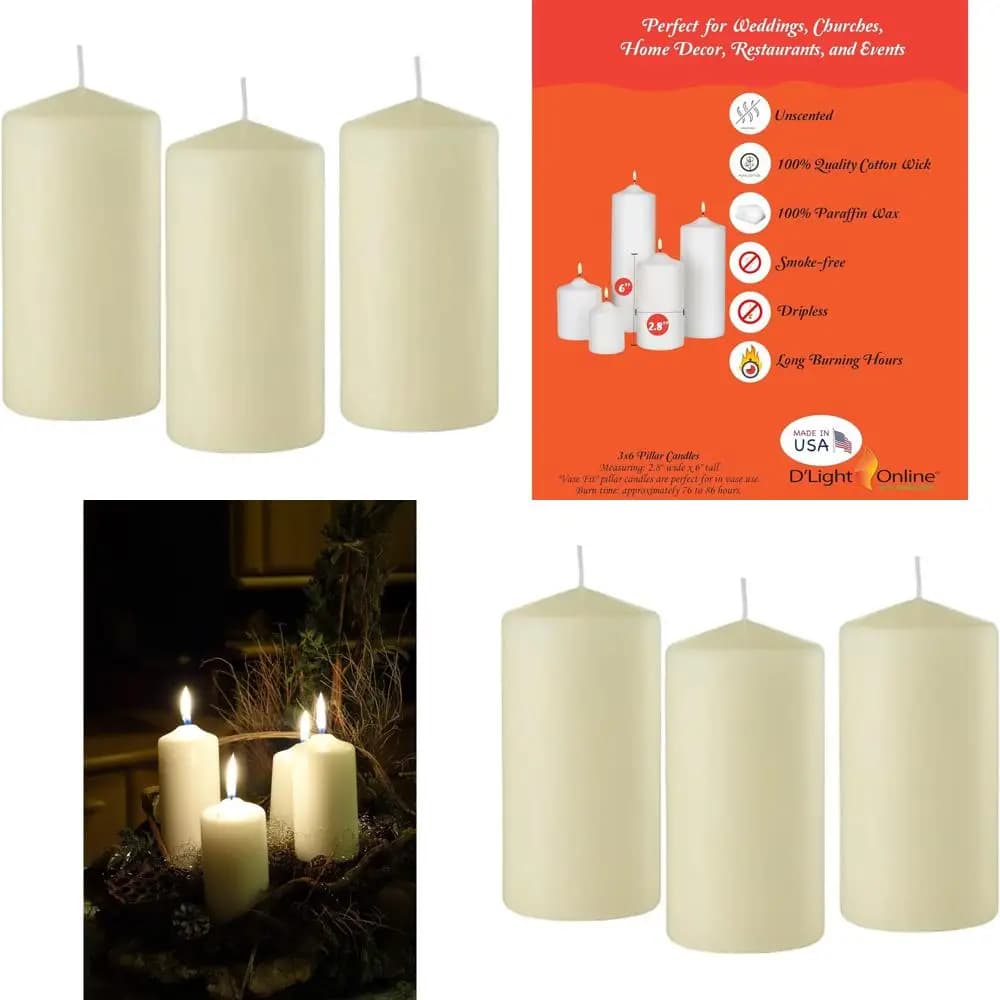 Set of 12 Cylindrical Candles Premium No Perfume 3x6 Cuffs for Weddings, Celebrations and Home Decorations (Ivory)