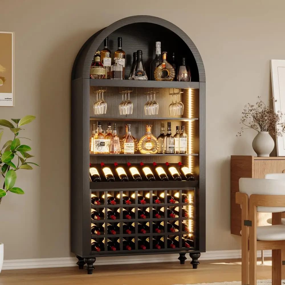 Mobile Bar Alto ad Arco con Portabottiglie e Portabicchieri, Ampio Mobiletto per Liquori con Luci LED e Porte di Ricarica, Cucina