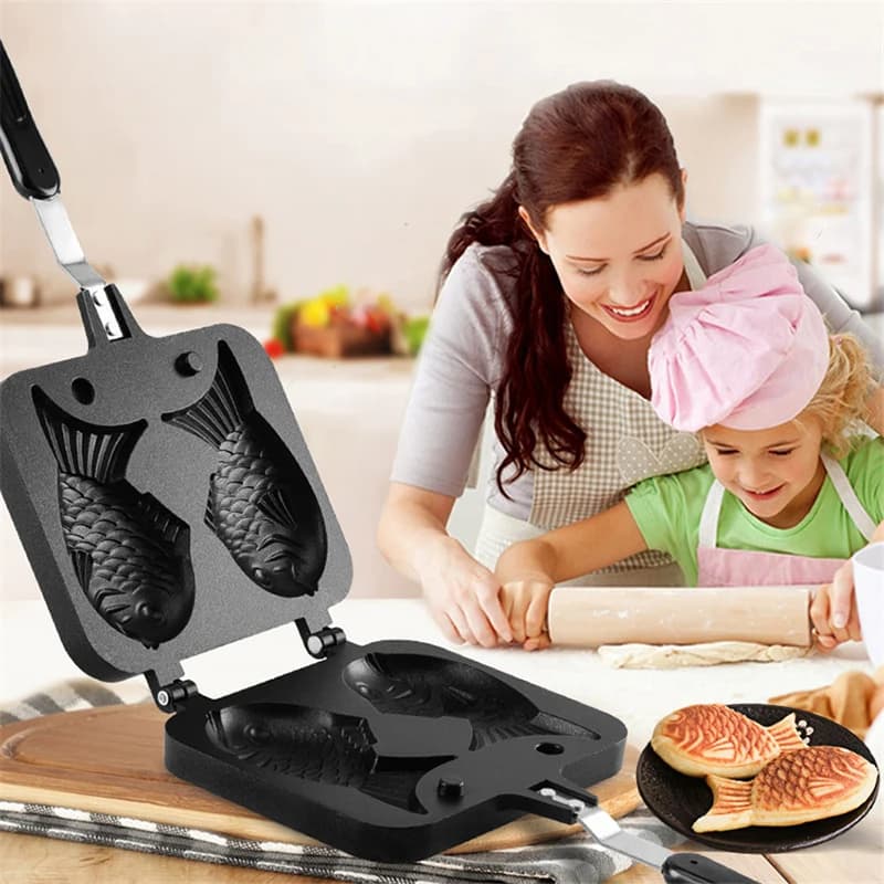 Kitchen Japanese Taiyaki Double Fish Shaped Hot Dessert Waffle Cake Maker Pan Japanese Pancake Double Pan Fry Pan Waffle Molds