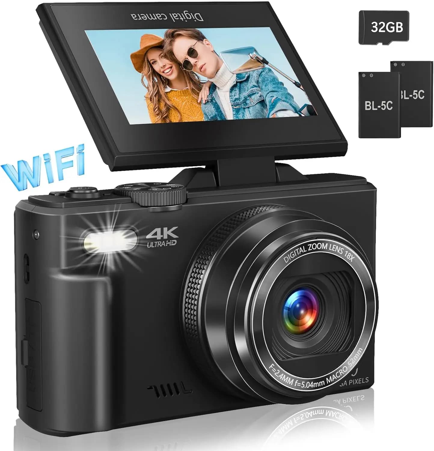 Fotocamere con zoom digitale 18X per fotografia Videocamere 4K YouTube Vlog con videocamera selfie anti-vibrazione con schermo ribaltabile da 3''