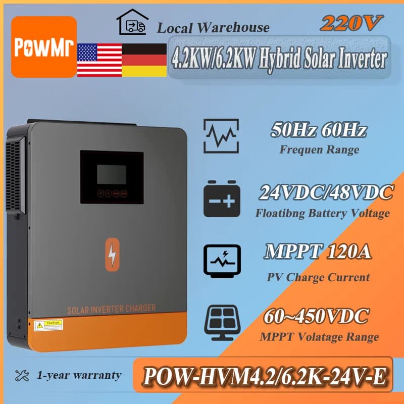 Inverter Solare Ibrido PowMr 4.2KW 6.2KW 24V 48V a 220Vac con Regolatore di Carica MPPT 120A e Tensione PV Massima 450V per Impianti Solari Domestici