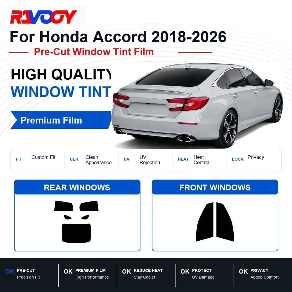 RAVOOY Precut Window Tint, Reusable Removable EPU Film, Custom Fit for Honda Accord 2023-2025, UV Heat Protection