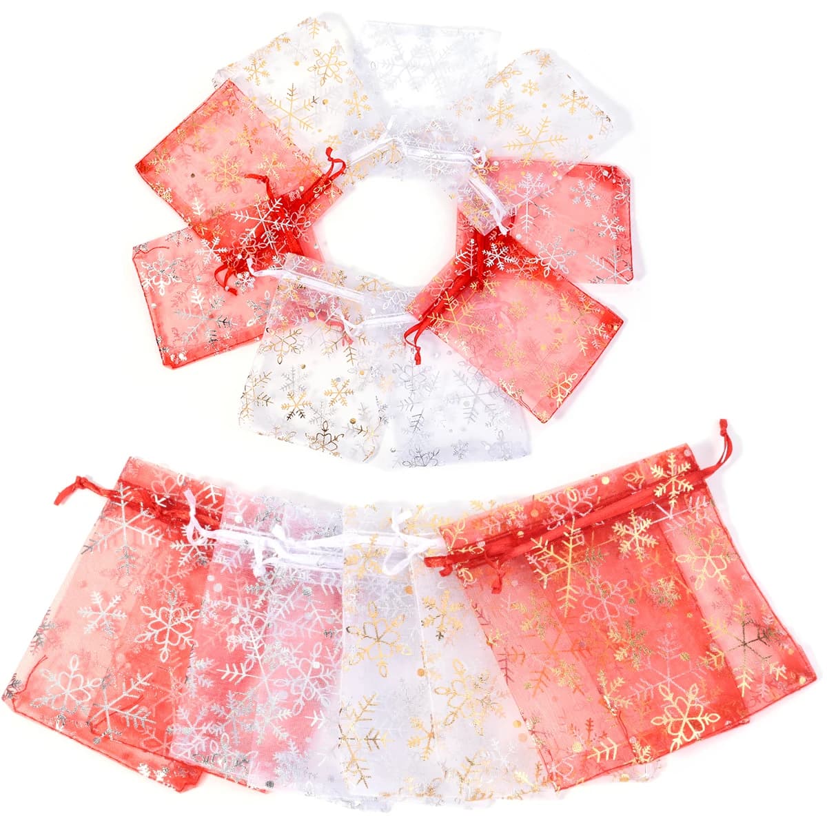 10 pz/lotto Stampa A Caldo Sacchetto Regalo In Organza Per Gioielli Fiocco di Neve Sacchetti Con Coulisse Per La Cerimonia Nuziale Festa Di Natale Imballaggio di Caramelle
