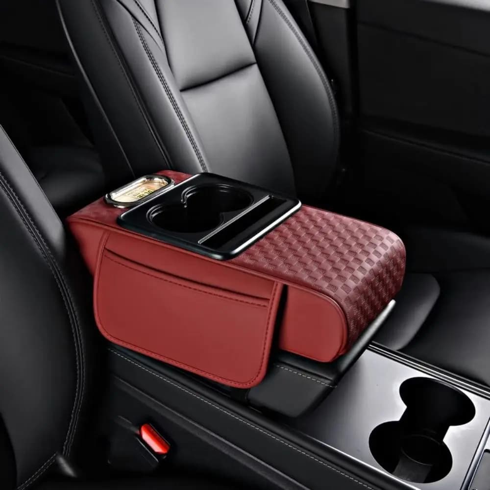 Portable Center Console Armrest Cushion Multifunctional PU Leather Armrest Pad with Cup Holder Tissue Box Height Increasing