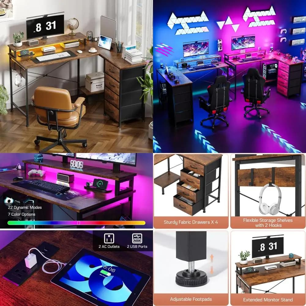 Scrivania da gioco a forma di L a 4 cassetti con 51 superfici reversibili, porta di ricarica USB e illuminazione a LED per ufficio domestico