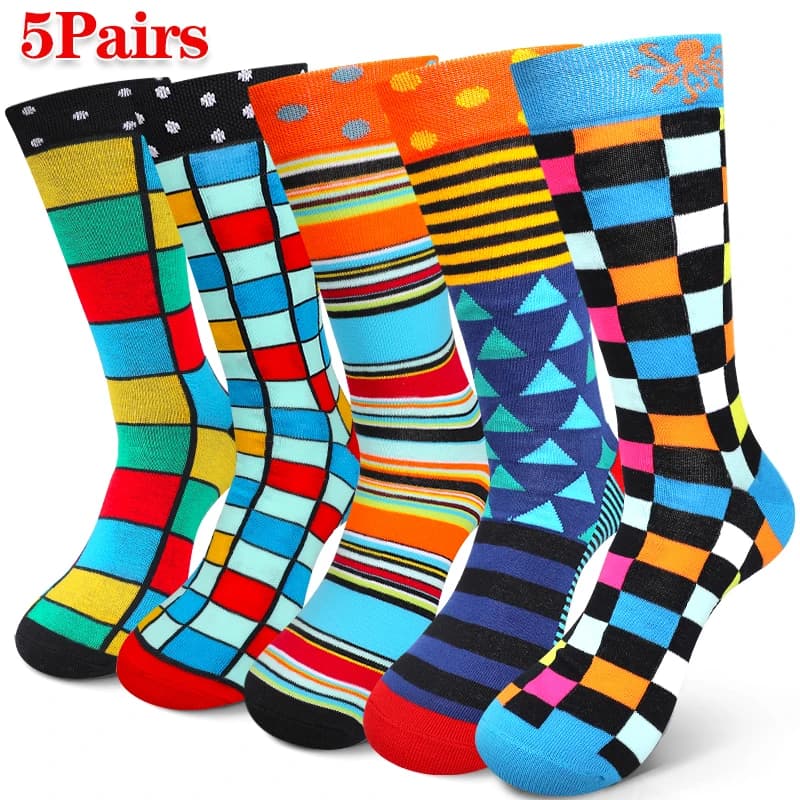 5 paia di calzini a tubo centrale da uomo geometrici colorati Calzini sportivi traspiranti alla moda Comodi calzini casual adatti per l'uso quotidiano