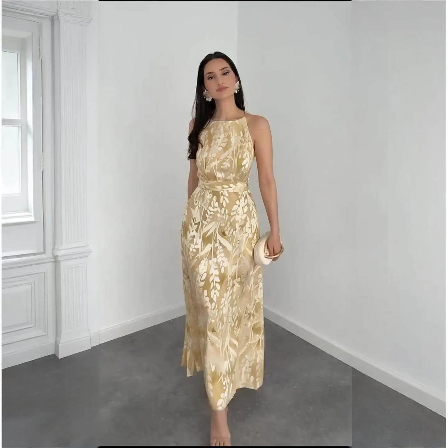 Summer 2025 round Neck Sleeveless Printed Dress with Belt Casual Long Skirt Women's Cross-Border Elegant High Waist A-Line Dress