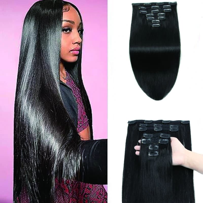 Genuine Human Hair Extensions, Extensions with Seamless Human Hair Clips for Women Double Invisible Straight Weft Jet B