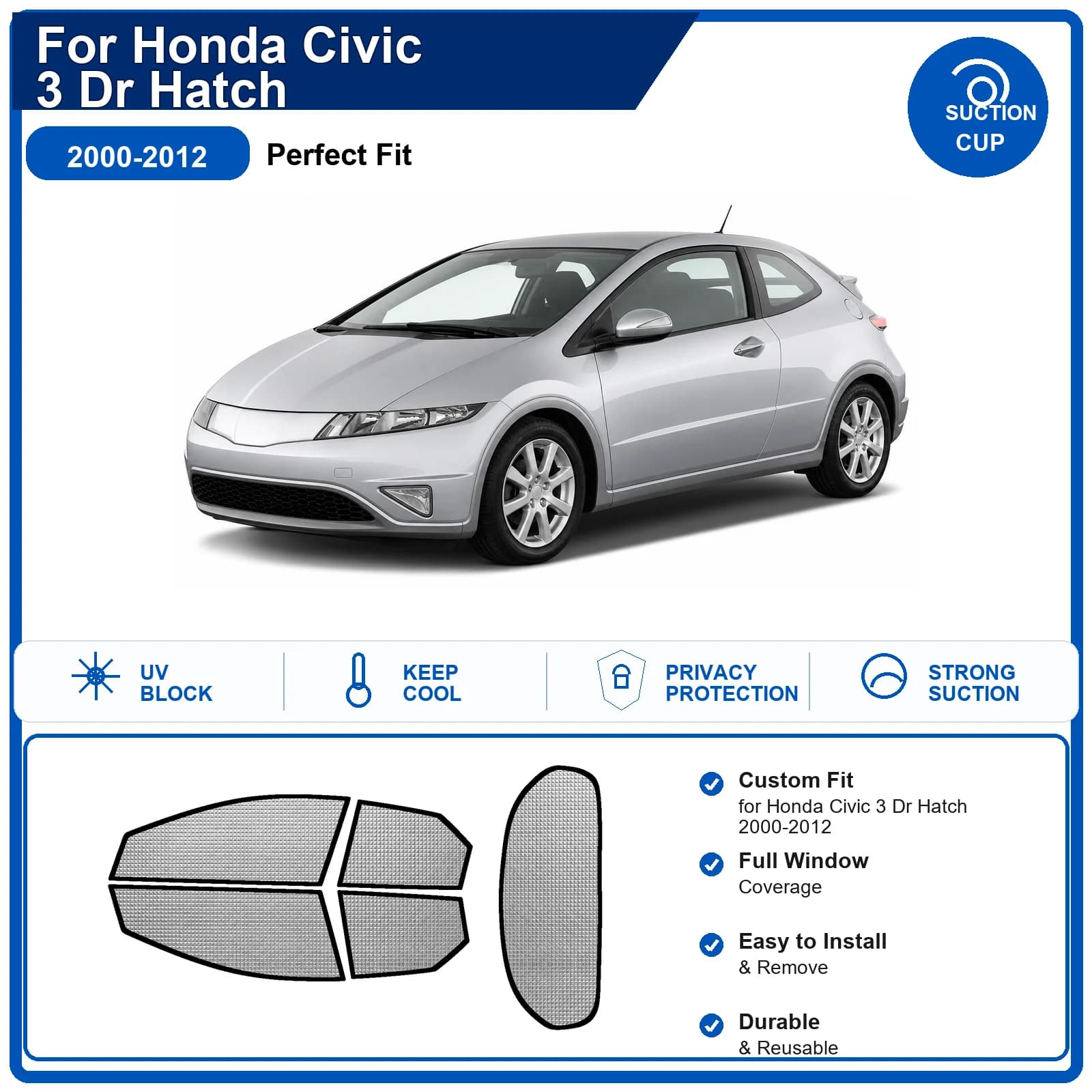 For Honda Civic 3 Dr Hatch 2000-2012 Custom Full Set Windshield Sun Shade Aluminum Foil Heat Insulation Anti UV Foldable