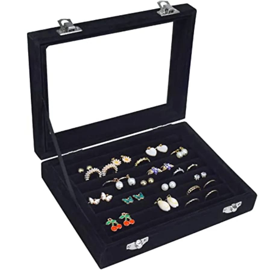 Rings Organizer Tray 7 Slots Velvet Jewelry Earring Storage Box with Transparent lid Jewelry Display Case for Girls Wife Mom Wo