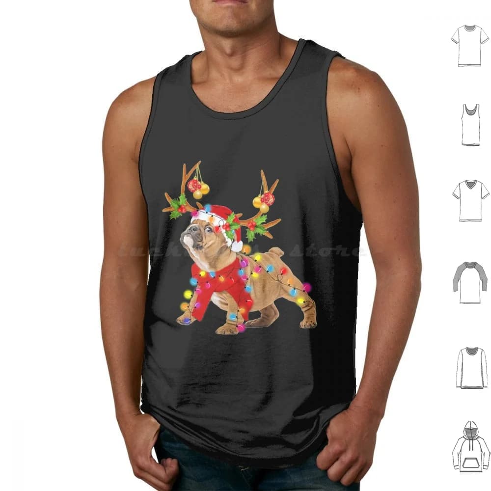 Bulldog Dog Splendid reindeer Christmas lights Tree Dog scarf Christmas Santa Claus Canotte Sleeveless vest Christmas Winter