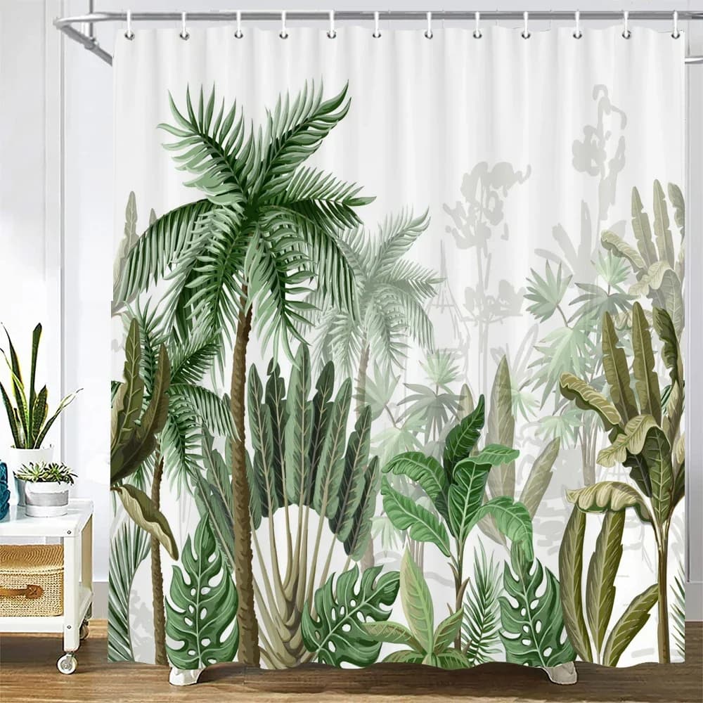 Tenda da doccia con foglie di piante verdi tropicali, palme, tenda da bagno, tenda da bagno in poliestere impermeabile Frabic con ganci
