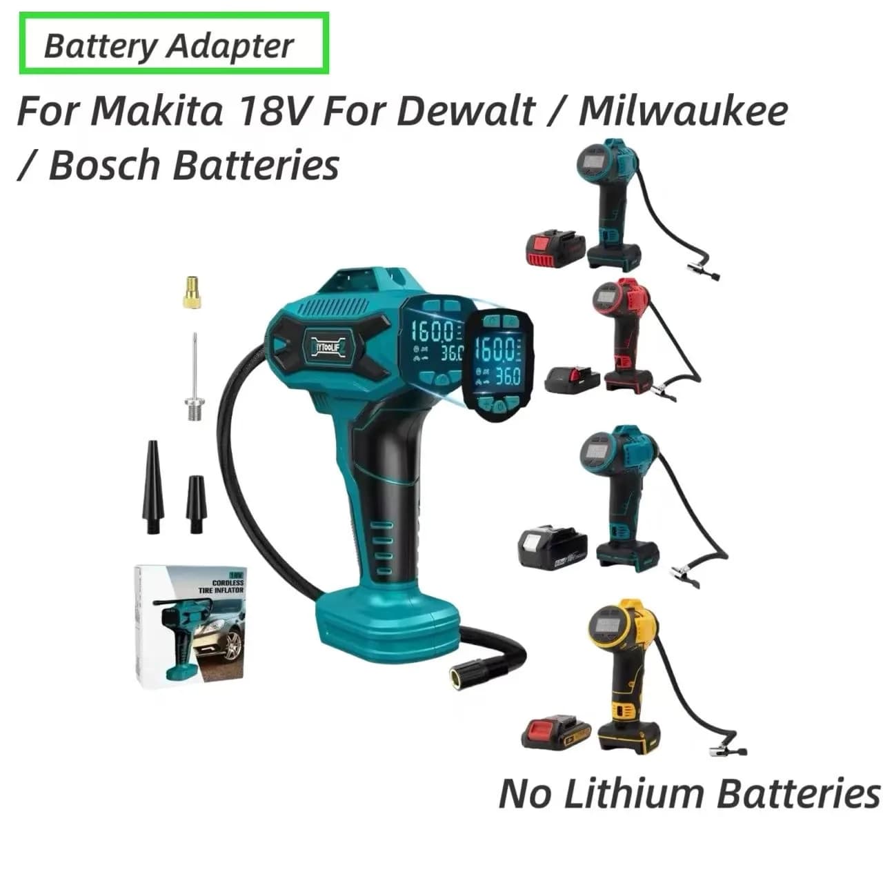 Compressore d'Aria Portatile Senza Fili per Pneumatici, Compatibile con Batterie Makita 18V, Dewalt, Milwaukee, Bosch (Batterie Non Incluse)