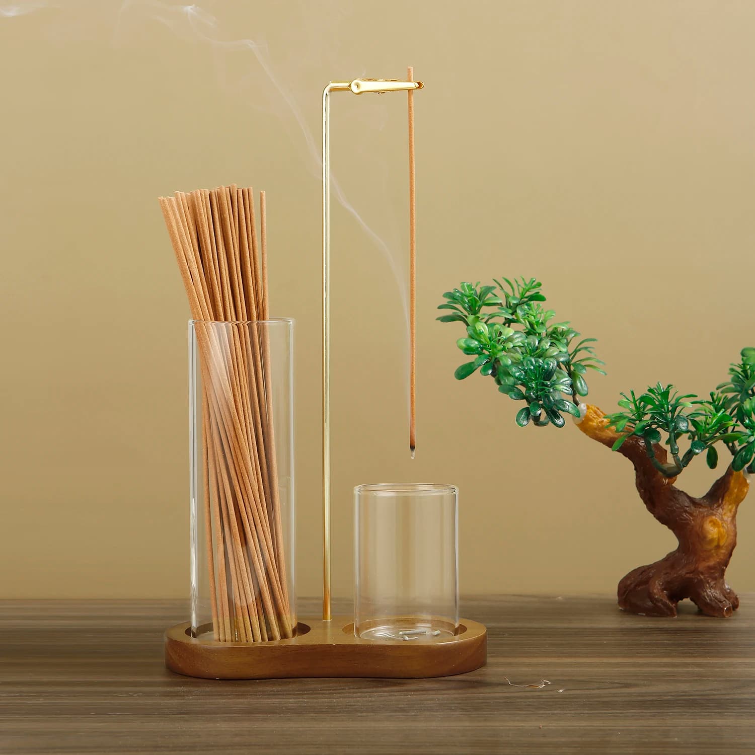 Portaincenso 2 in 1 per Bastoncini, Bruciatore di Incenso Anti-Cenere Volante con Raccoglitore di Ceneri in Vetro Rimovibile e Organizzatore per Bastoncini di Incenso