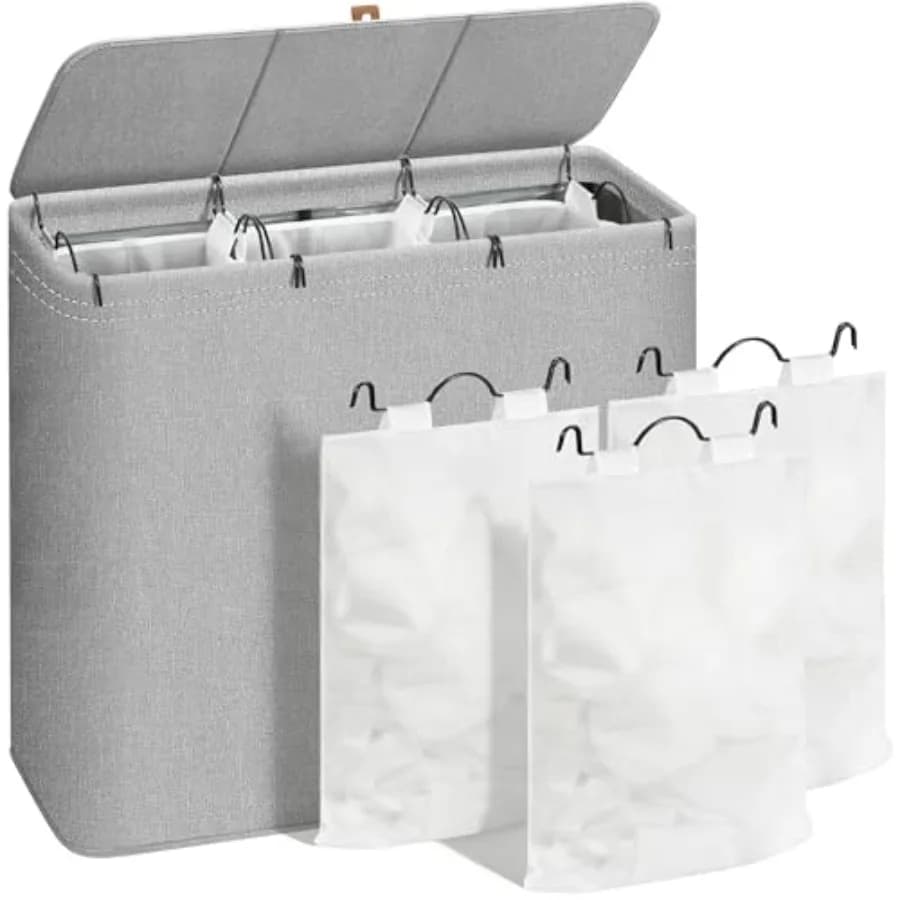 Cesto portabiancheria triplo con coperchio, 180L, alto, con struttura in metallo e sacco rimovibile, grande cesto per vestiti con etichetta in PU