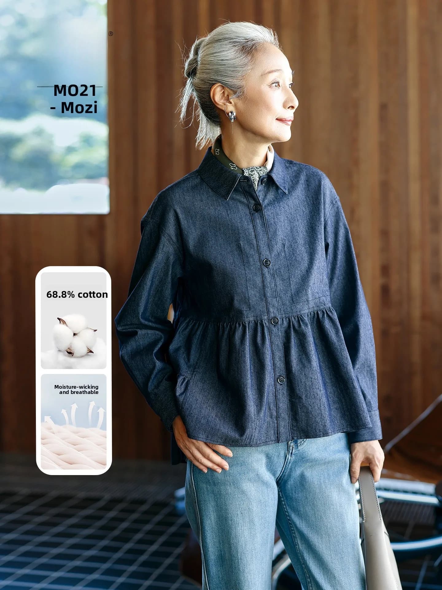 Muzhi Midlife Women's Fashionable Cotton Denim Jacket Waist-Cinching Short Coat for Mothers Autumn Wear Casual Loose Fit