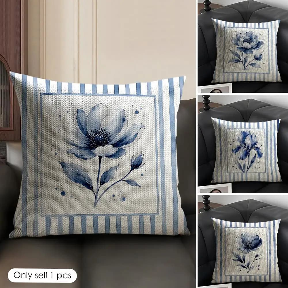 Ins Modern Flower Blue Leaf Cushion Cover Natural Linen Organic Fabric Double-Sided Printing Sofa Home Decor Gift Pillow Case