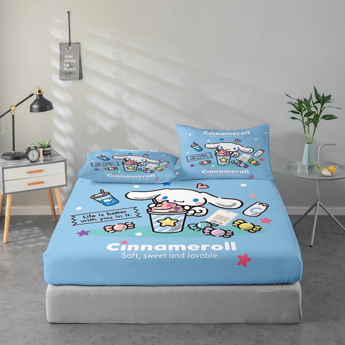 Set di lenzuola con stampa digitale ad alta definizione in 3 pezzi, set di lenzuola con stampa floreale grande Cinnamoroll, include 1 lenzuolo con angoli + 1/2 federa, adatto per camera da letto, camera degli ospiti, decorazione domestica, lenzuolo con angoli + federa in fibra di poliestere, biancheria da letto ultra morbida, tessuto spesso e ultra morbido, confortevole per tutte le stagioni, lavabile in lavatrice