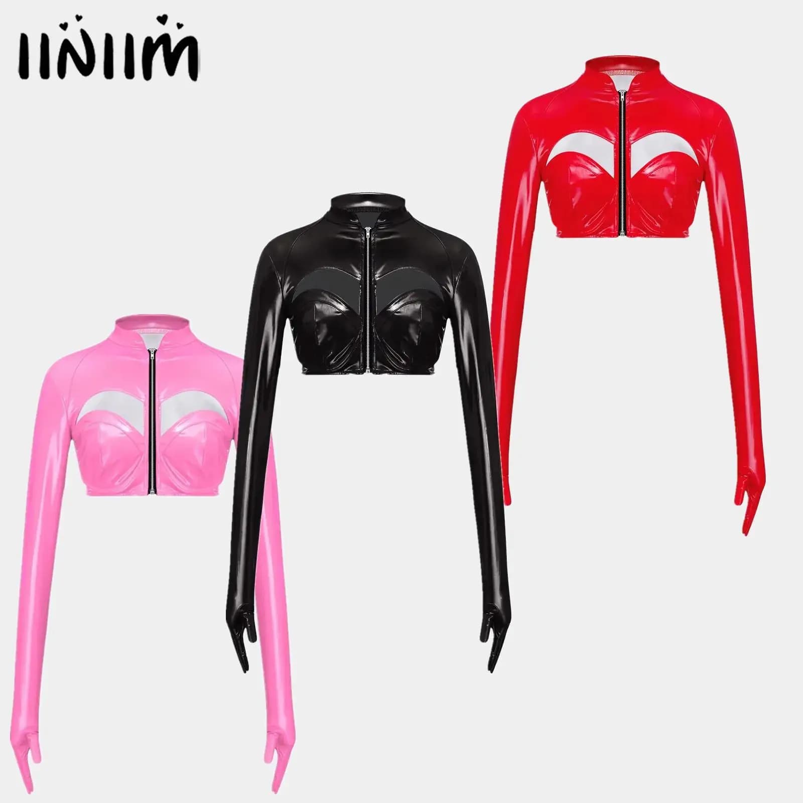 Top corto da donna in lattice di pelle PU lucida metallizzata, colletto alla coreana, guanti, manica sul petto, cerniera frontale, effetto bagnato, clubwear