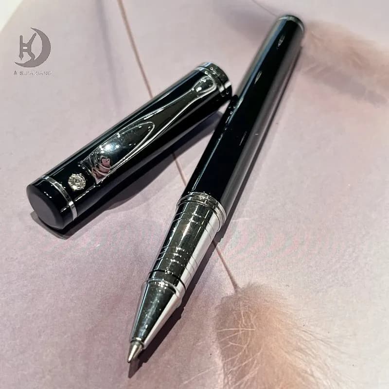 1 set (penna+scatola+2 ricariche) Penna roller in metallo JD3016 nero argento, penna da uomo d'affari, uso per ufficio e regalo