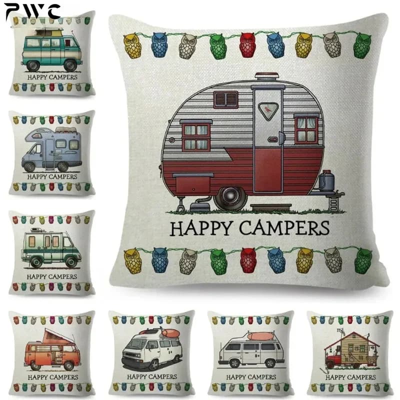 Casa Viaggio Auto Happy Camper Federa Decor Cartoon Van Life Fodera per cuscino per divano Casa Camera dei bambini Federa 45x45 cm