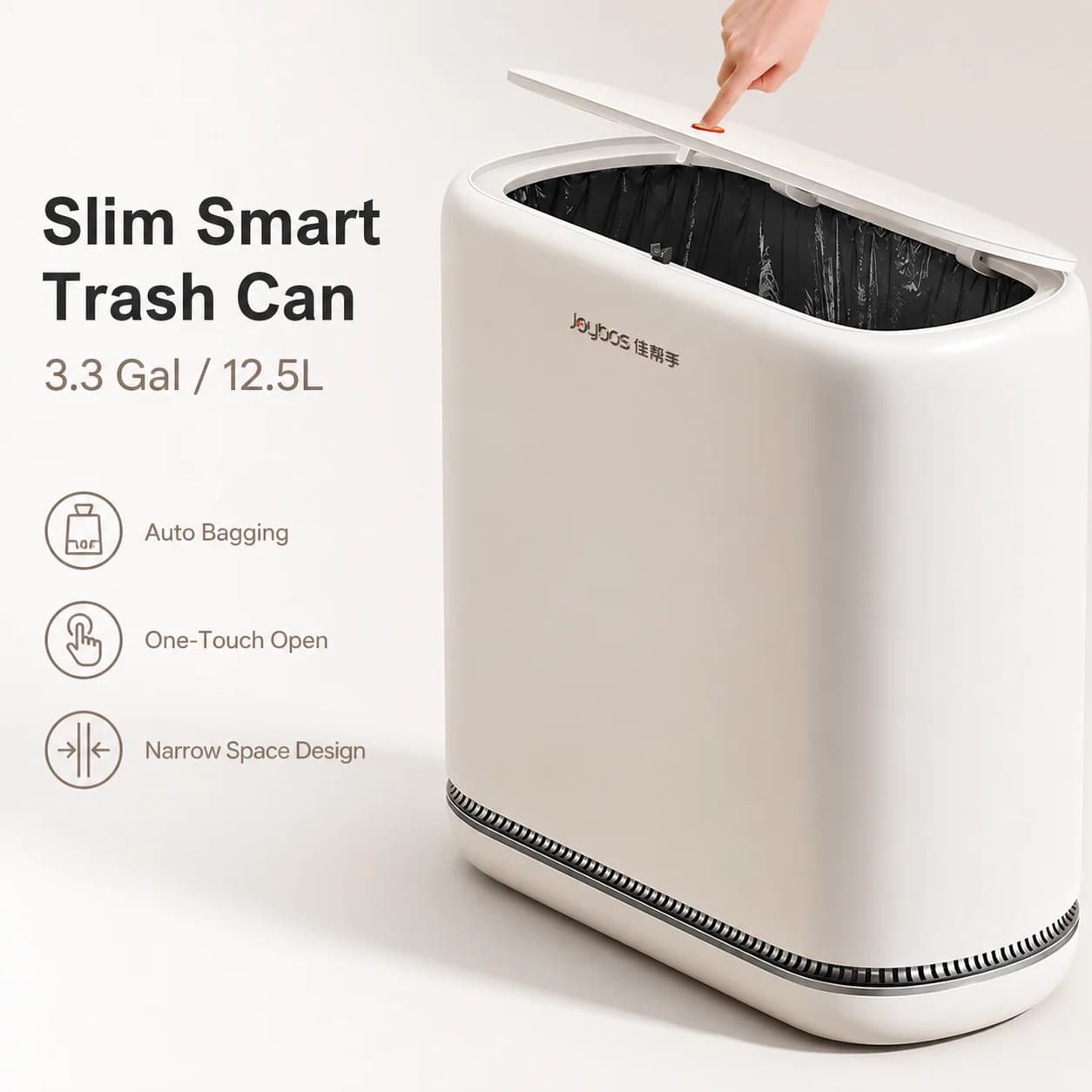 Joybos 3.3 Gallon Slim Trash Can For Bathroom, Auto-Bagging & One-Press Lid, 12.5L Large Waste Bin For Narrow Gap, Modern Hands-Free Garbage Pail For Bedroom Office