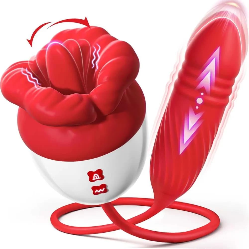 Vibratore a forma di rosa per donne, con lingua grande per stimolazione orale, dildo vibrante per punto G, stimolatore clitorideo e del capezzolo, plug anale