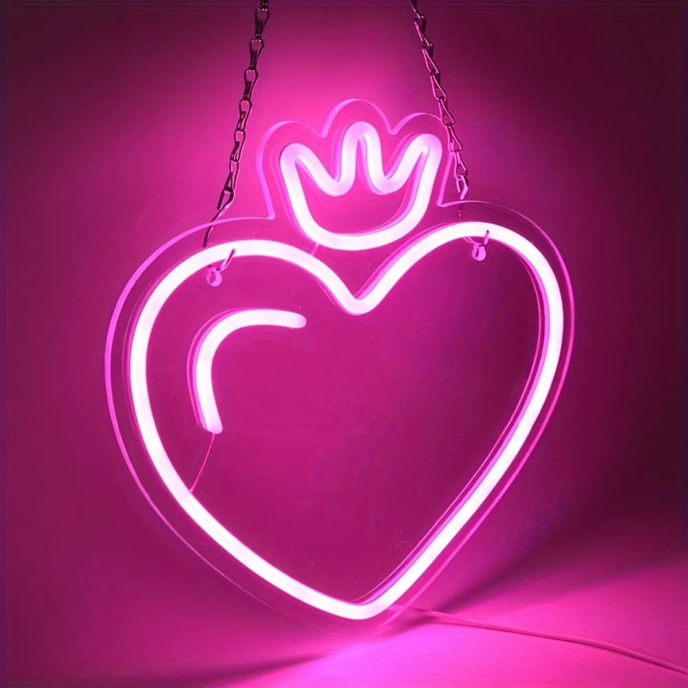Insegna al Neon a Forma di Cuore con Corona, Opzioni Luce Rosa e Rossa, Insegna in Plastica Resistente per Interni/Esterni, per Camera da Letto, Soggiorno, Sala Giochi