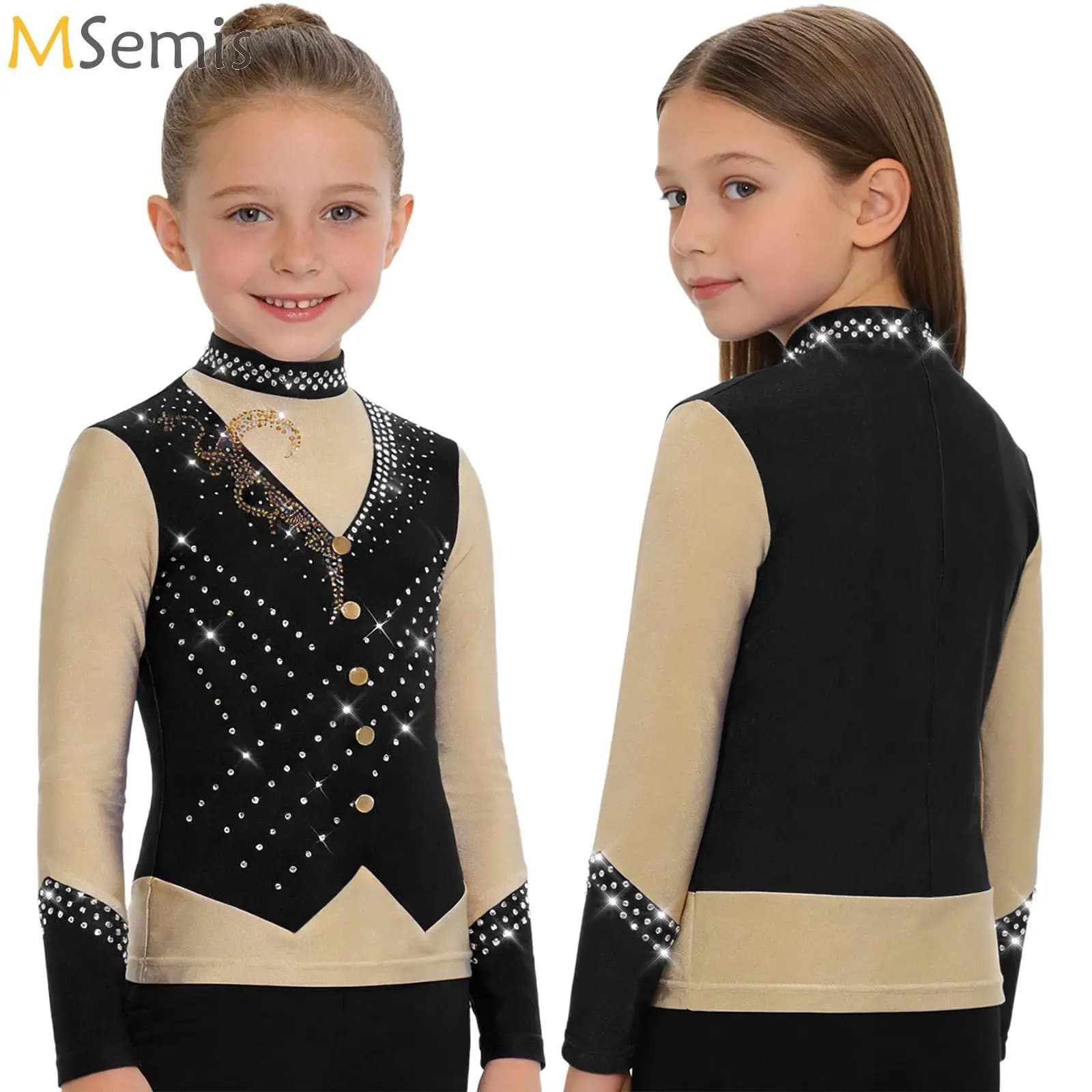 Magliette per Pattinaggio Artistico per Ragazzi, Costume per Danza Latina Tango Cha-cha, Top con Collo Alto e Strass Scintillanti