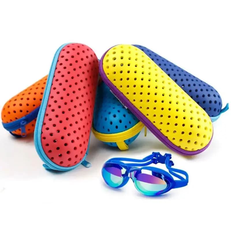EVA swimming goggle holder box with clip and drainage holes, breathable protective case for goggles, for men, women and children