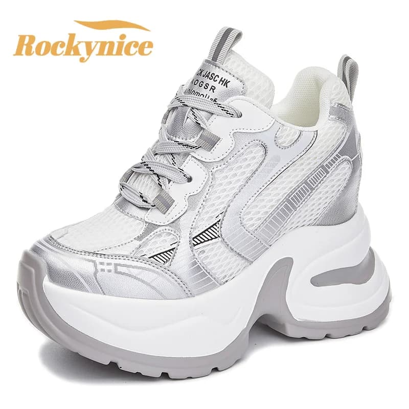 10CM Genuine Leather Vulcanize Shoes Summer Autumn Chunky Sneakers Leisure Women High Platform Breathable Air Mesh Sports Shoes