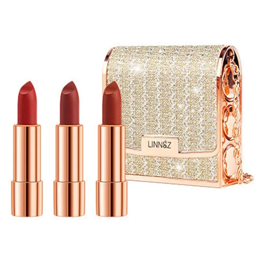 Set Rossetti Opachi 3 Colori con Borsa a Catena Argento, Rossetto Vellutato Impermeabile a Lunga Durata, Non Trasferibile, Retrattile, Rosso