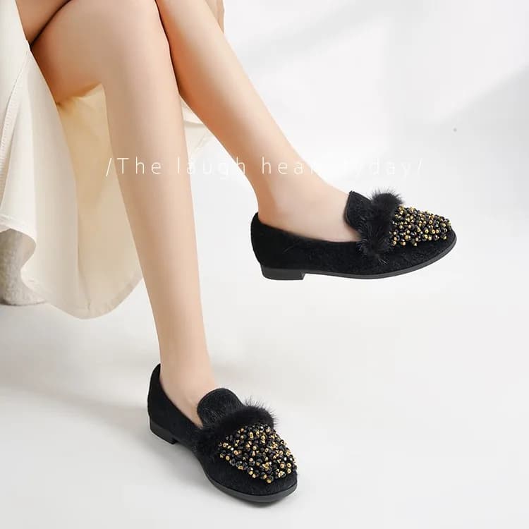 Scarpe basse da donna in peluche con mocassini con decorazione glitter Scarpe da donna calde e in peluche Bocca superficiale Scarpe con tacco basso moda invernale