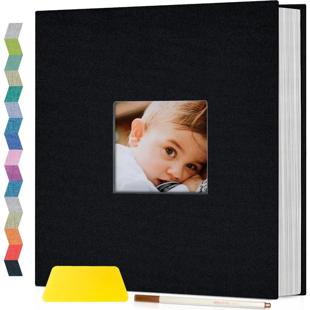 Photo Album Self Adhesive with Picture Display Window,40 Pages DIY Scrapbooking Supplies Kit for 4x6 8x10 Picture,Linen Cover Memory Book for Baby Wedding, with Scraper and Metallic Pen