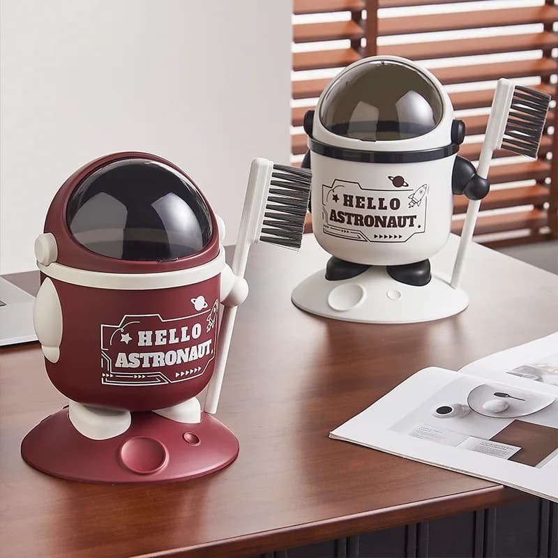 Cute Astronaut Desk Trash Can With Lid And Brush, Mini Space Themed Desktop Waste Bin For Office Home, Small Storage Organizer
