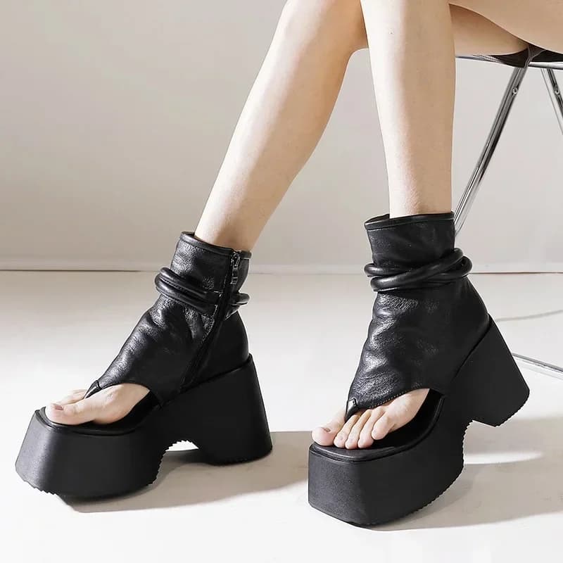 Nuovi Stivaletti Estivi da Donna in Vera Pelle con Zeppa Sottile, Plateau, Cuciture, Fasce Strette e Taglio Cut-Out, Stile Gladiatore