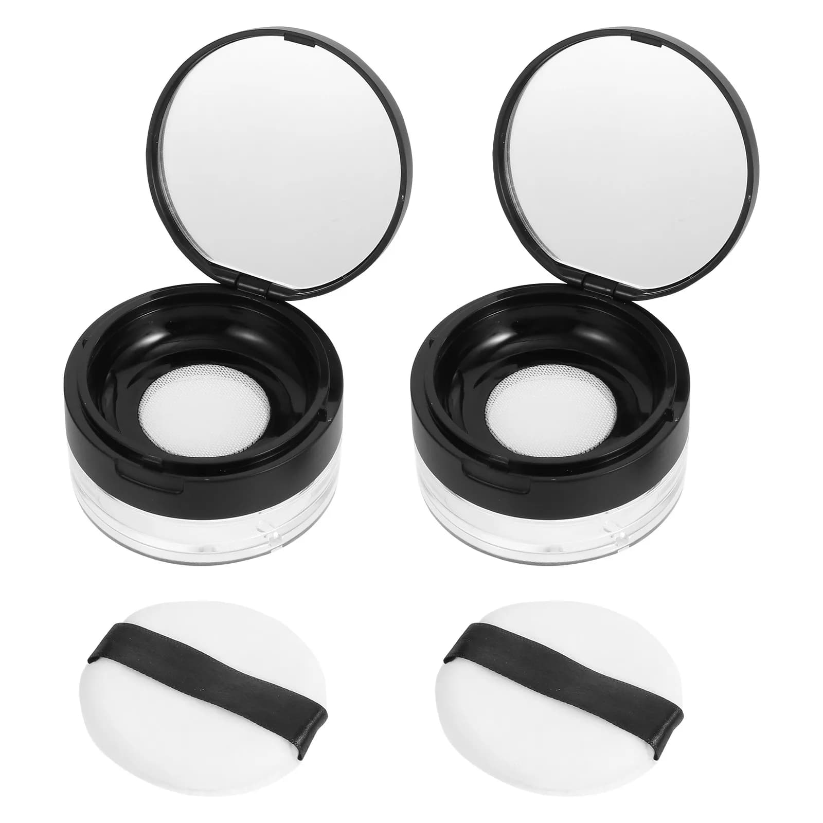 2Pcs Powder Puff Cases Portable Empty Loose Powder Box Compact Makeup Container Black Travel Storage Mirror Elastic Mesh Screen