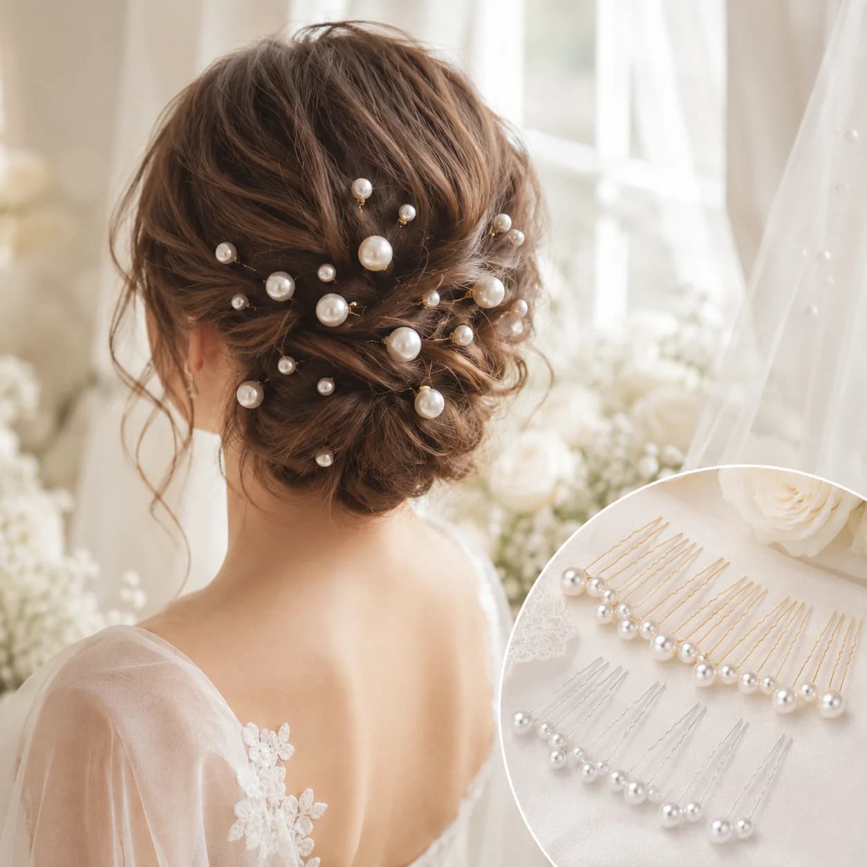 Pearl Hairpins 18Pcs U-Shaped Bridal Hair Accessories Imitation Pearl Metal Barrette Wedding Tiara Set Updo Tools Gift for Her