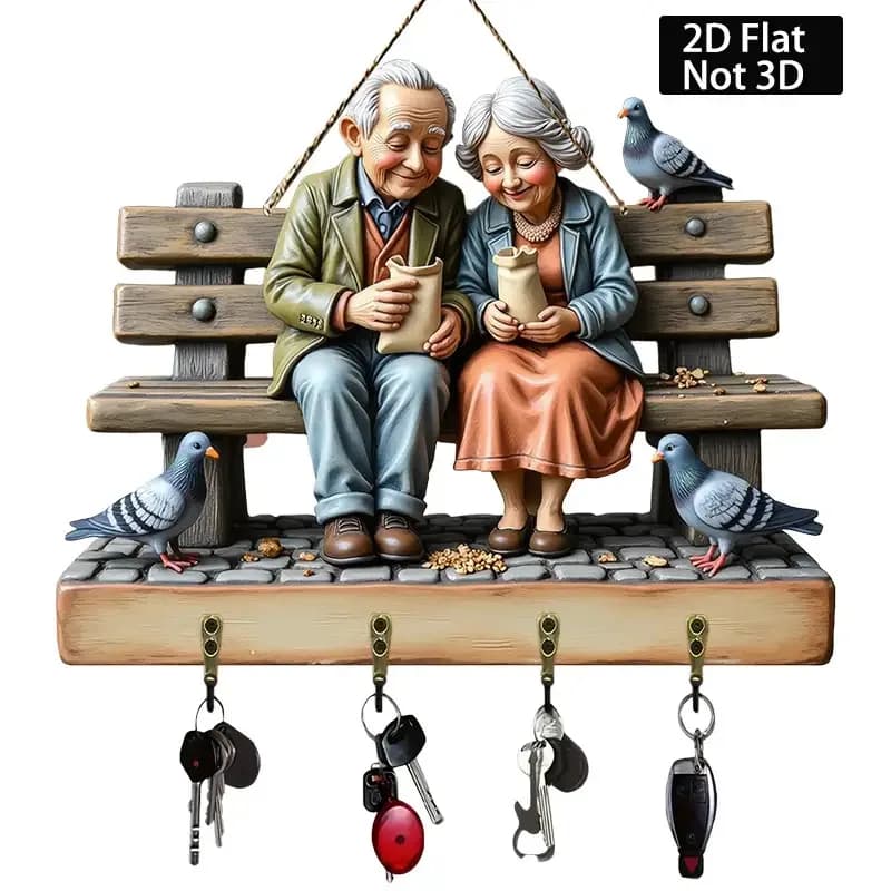 2D Flat, 2D Flat Wall-Mounted Key Holder with Wooden Scene - Elderly Couple and Pigeon Design, 4 Metal Hooks, 11.81" x 9.06",