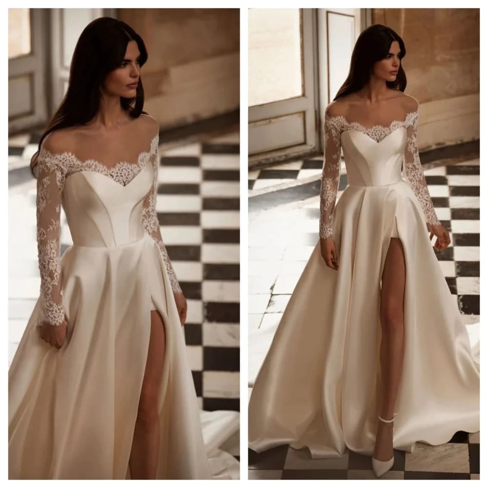 Customized Exquisite Wedding Dress Satin-effect Lace Long Train-style Strapless Wedding skirt Elegant Handcrafted Evening Gowns