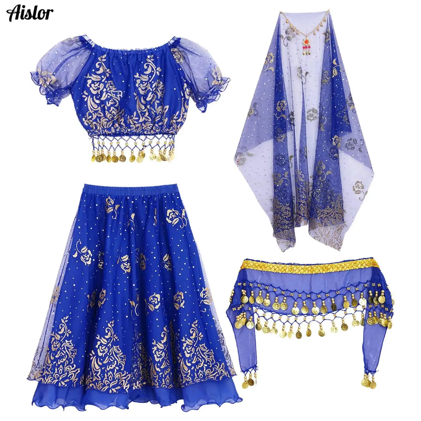Costumi di danza del ventre per ragazze per bambini Abito da ballo indiano Manica corta a sbuffo Stampe floreali Crop Top + Gonna + Foulard a catena in vita + Copricapo