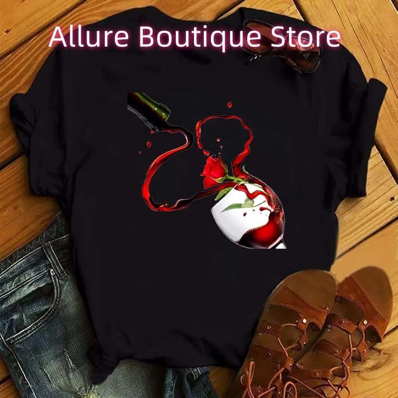 Nuove donne T-shirt Casual T-shirt a maniche corte Moda donna Rosa Vino rosso Bicchiere Stampato T-shirt nera Donna Top Tees