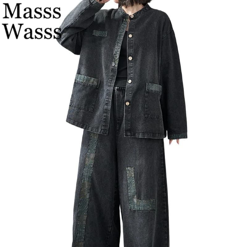 Masss Wasss 2026 Autumn Womens Denim 2 Pieces Sets Vintage Jacket Suits Loose Coats Casual Jeans Classic Wide Pants Punk Outfits