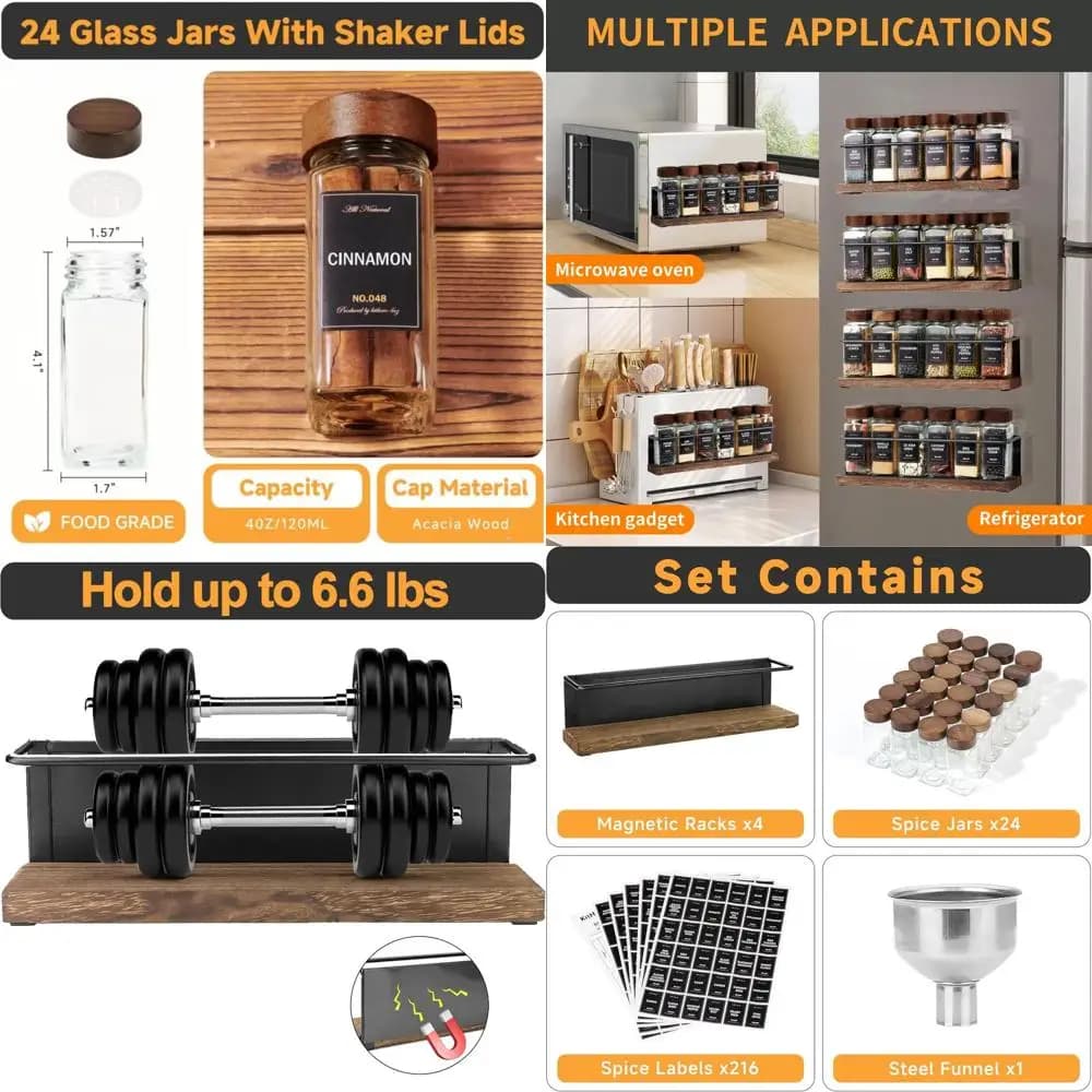Set completo di organizer magnetico per spezie: 24 vasetti, 216 etichette, imbuto in acciaio per elettrodomestici da cucina