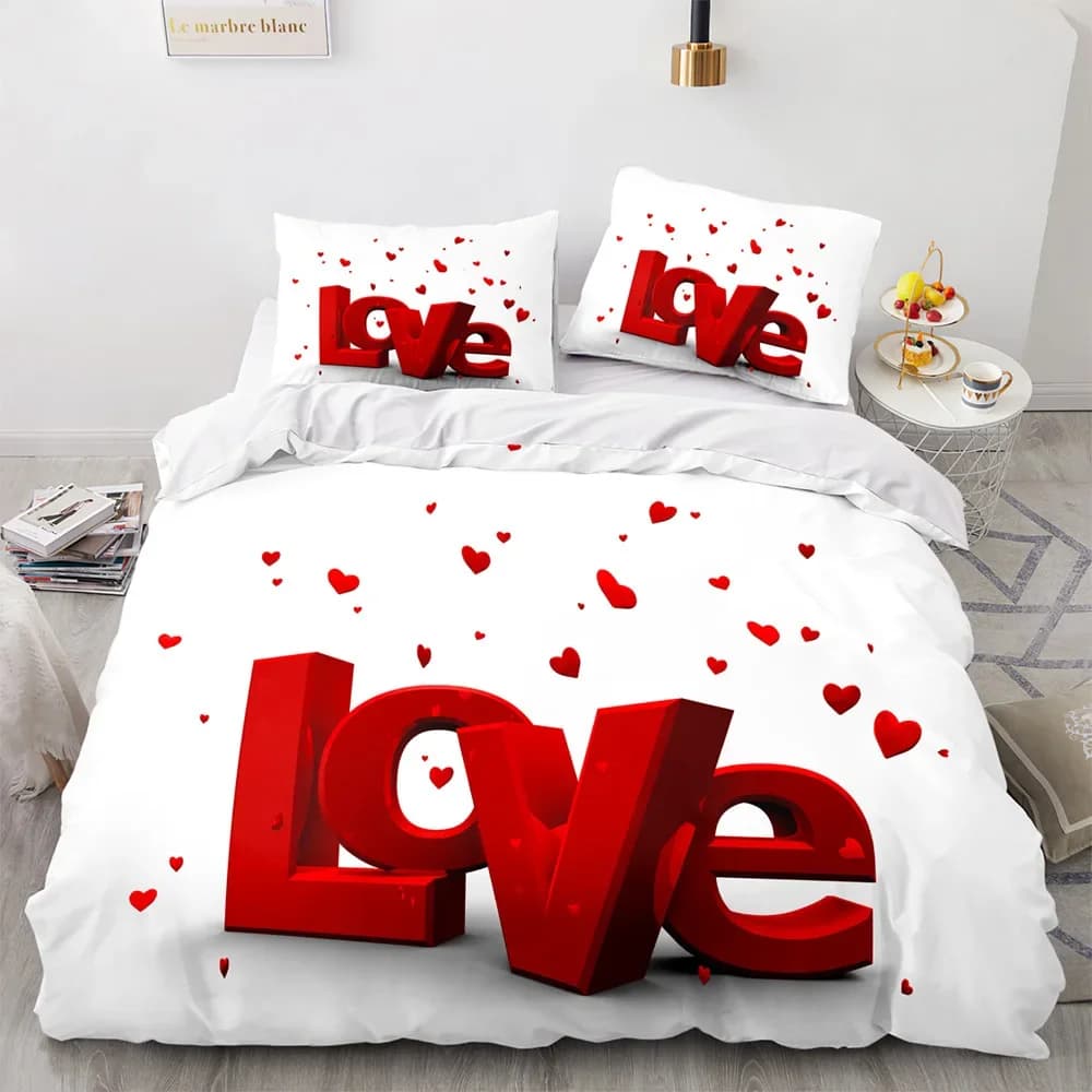 Love Queen Bedlinen Set Heart Shaped Bedlinen White Romantic Polyester Copripium for Women Men Boys Girls King Size