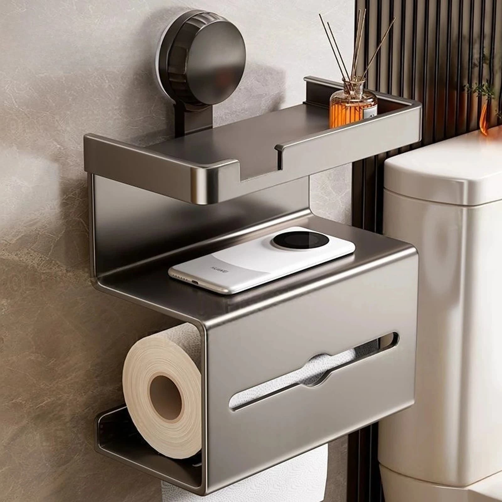 For Decor Storage Shelf Toilet Paper Holder Space Aluminum Wall Mounted Black Toilet Paper Roll Holder Bathroom Accessories